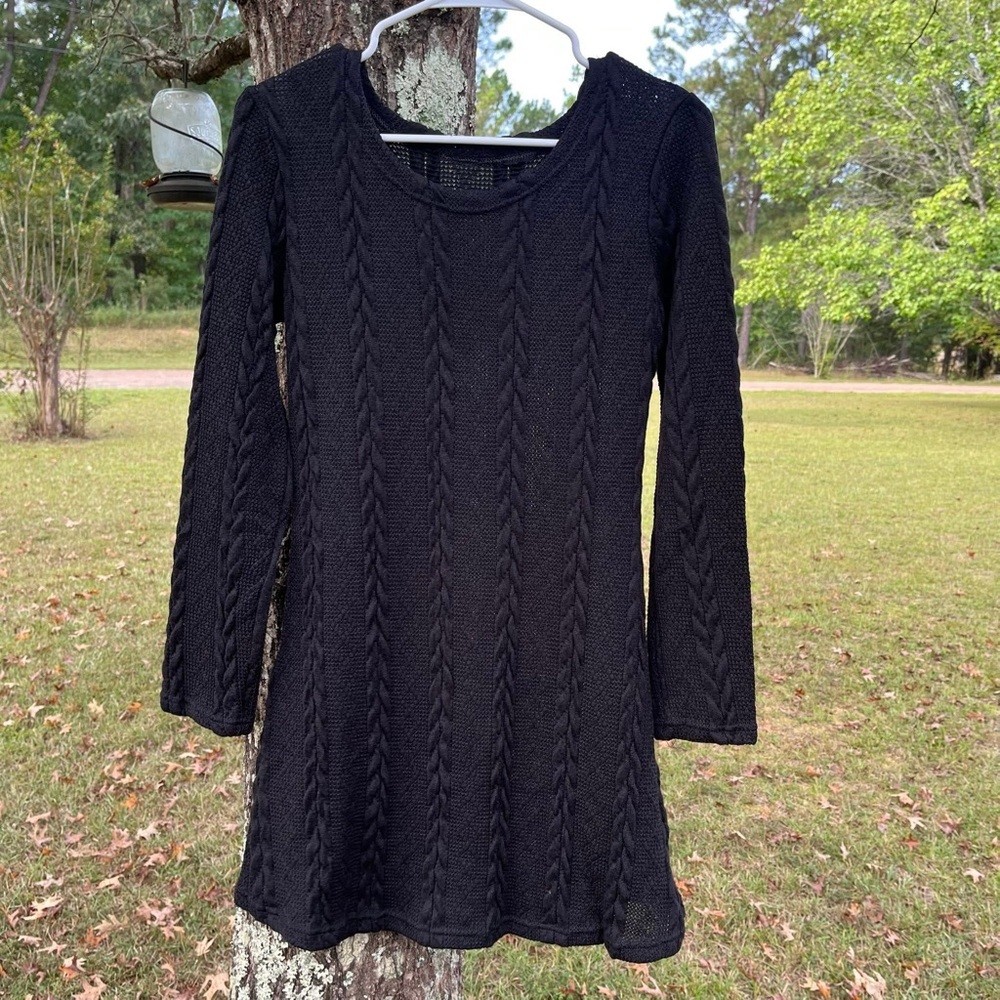Girls Elegant Black Cable Knit Sweater Dress - Size Large